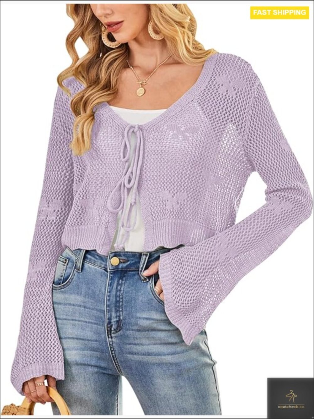 Crochet Tie Front Cardigan Sweater Crop Bell Sleeve Knit Shrug Beach Cover Up